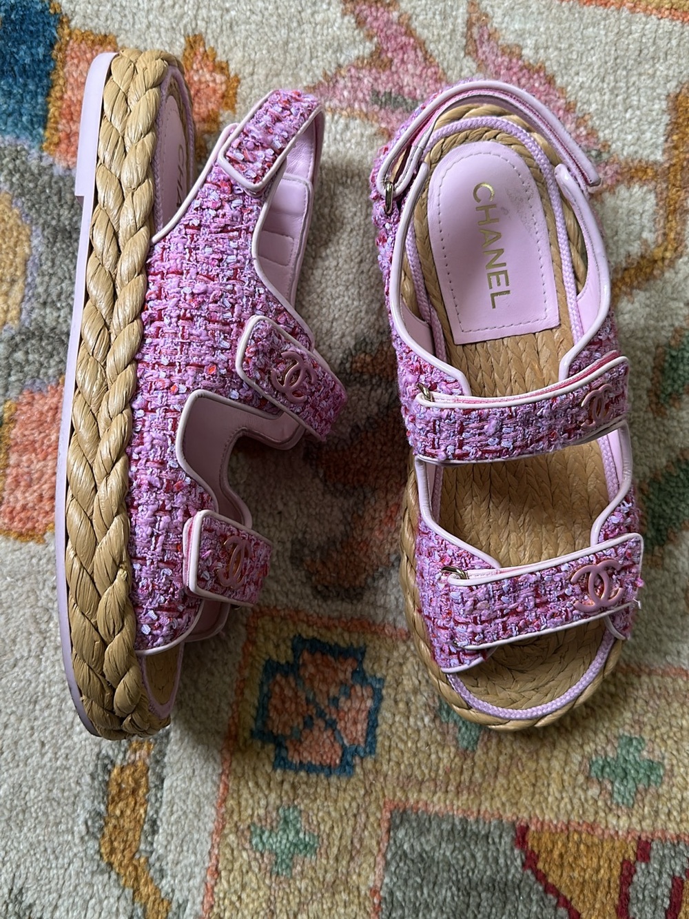 CHANEL Pink Tweed Braided-Jute Sandal Espadrilles